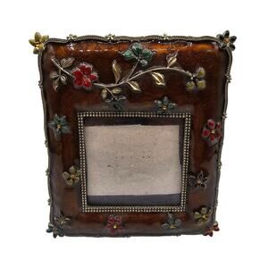 Vintage 1990s Brown Enamel Floral Picture Frame 5.75 X 5"